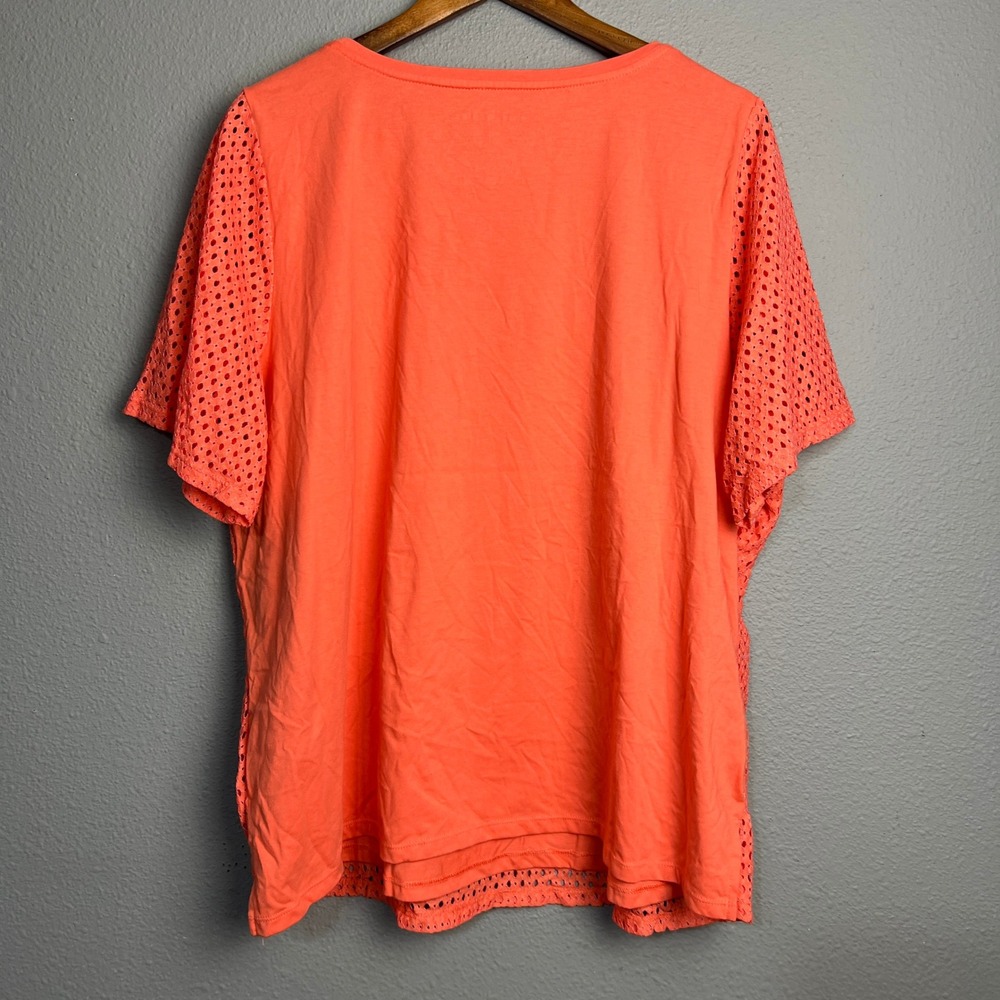 Allison Daley Women's 2X Cottagecore Coral Knit Lattice Overlay Short Sleeve Top - Picture 3 of 9